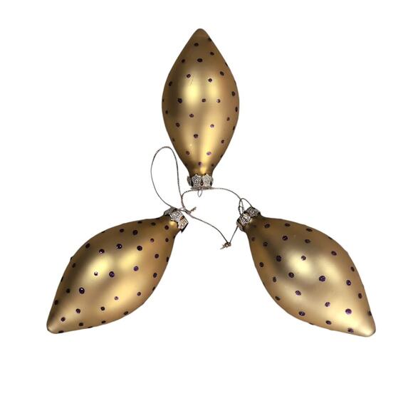 Christmas Ornaments Lot Of 3 Satin Finish Glass Gold Purple Dots Retro 5.5 Inch - Picture 1 of 3